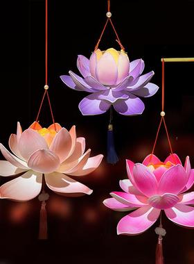 古风汉服儿童走秀表演放灯行舞蹈灯笼供佛莲花灯发光手提荷花灯