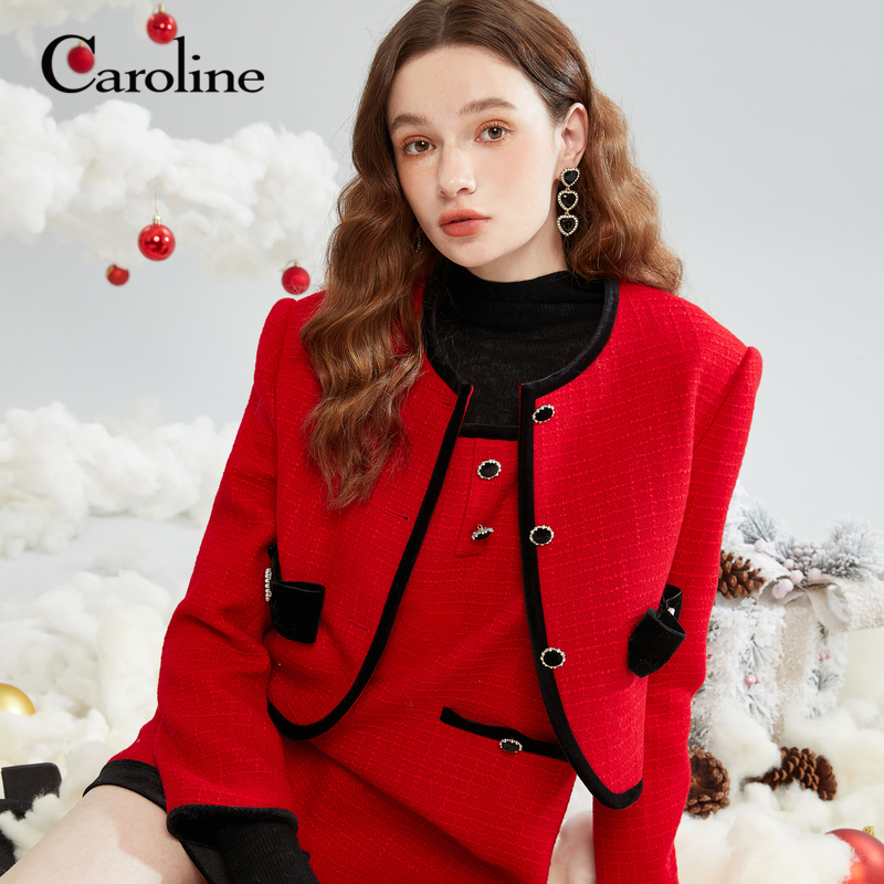 Caroline卡洛琳2023秋季新款羊毛混纺撞色小香风短外套ECRDCA47 - 图2
