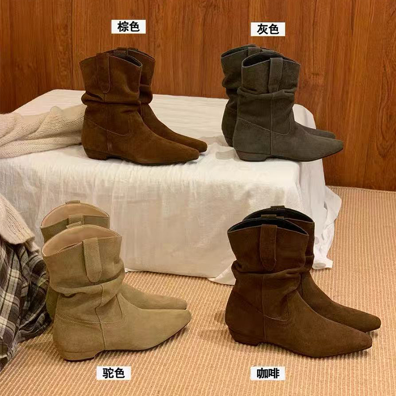 复古坡跟尖头短靴女2025年新款西部牛仔堆堆靴显瘦V口百搭瘦瘦靴 - 图1