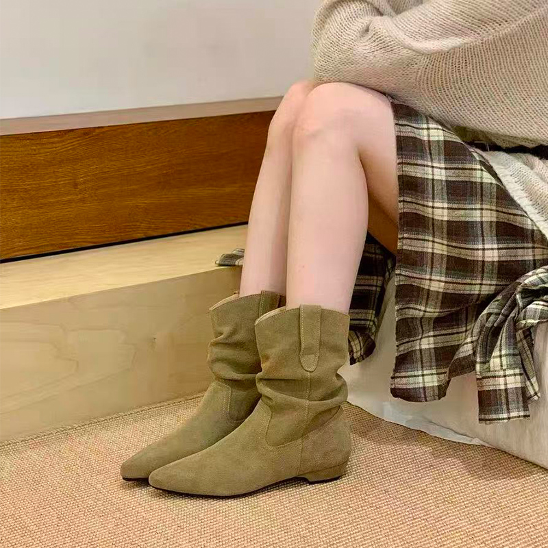 复古坡跟尖头短靴女2025年新款西部牛仔堆堆靴显瘦V口百搭瘦瘦靴 - 图3
