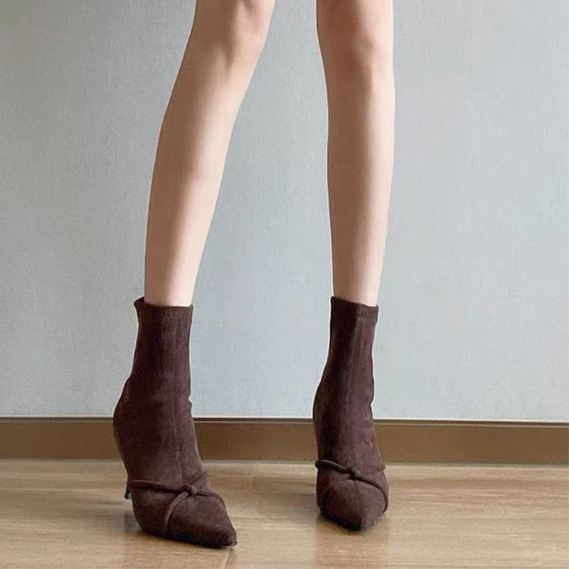 复古绒面高跟短靴女2025秋冬季新款细跟尖头交叉带显瘦弹力瘦瘦靴,淘宝优惠券,粉丝福利购,淘宝优惠卷