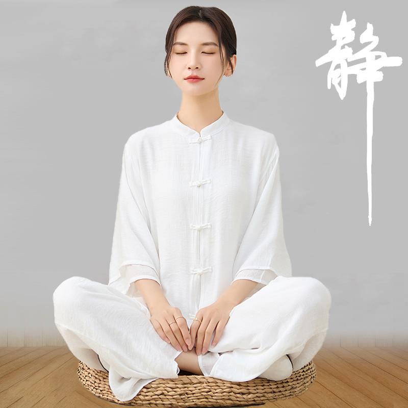 打坐禅服女薄款唐装寺庙拜佛辟谷佛系禅意套装禅修服居士服女夏季-图1