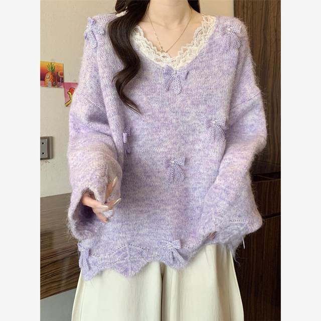 Purple lace V-neck bow sweater
