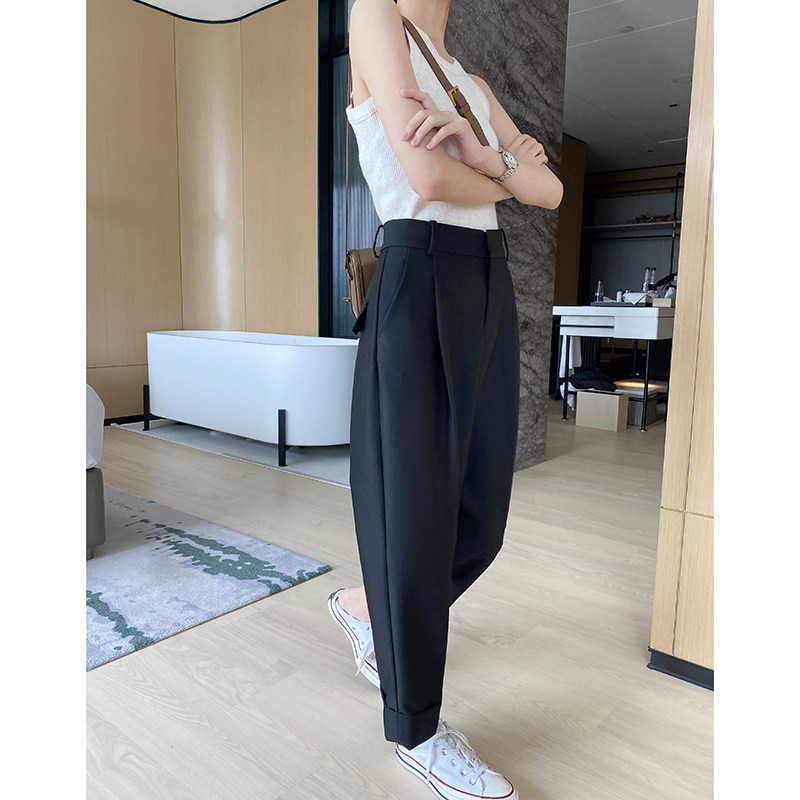直筒裤小个子女压褶黑色高腰休闲裤 myblun休闲裤