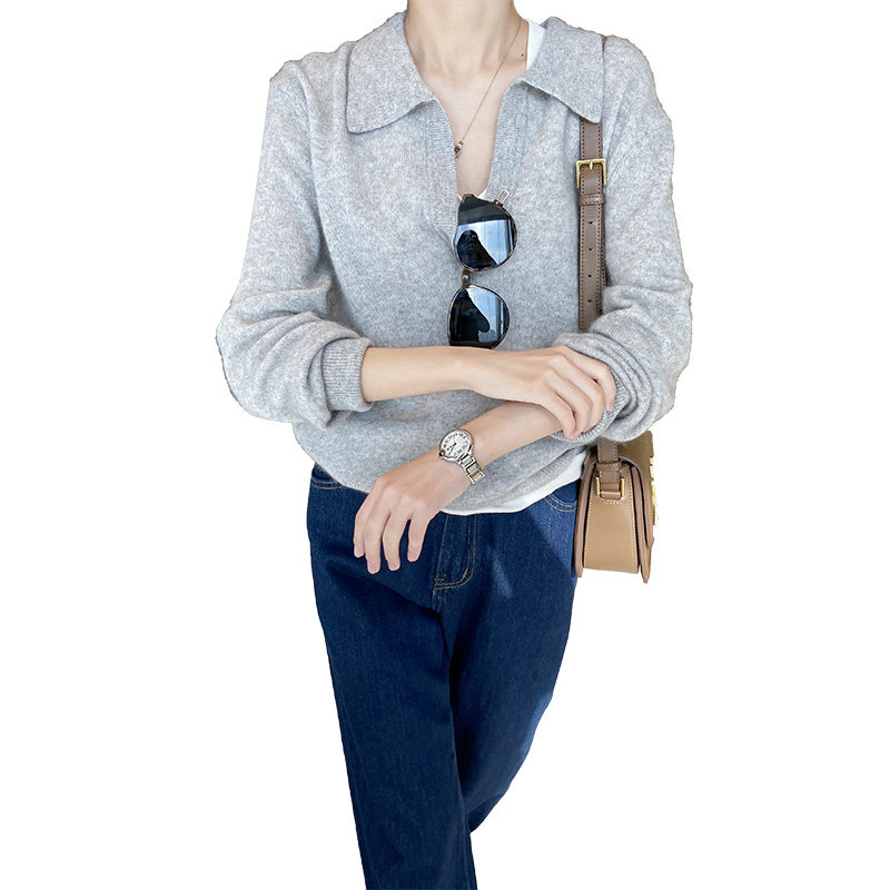 高级感v领灰色女慵懒polo领针织衫 myblun毛针织衫