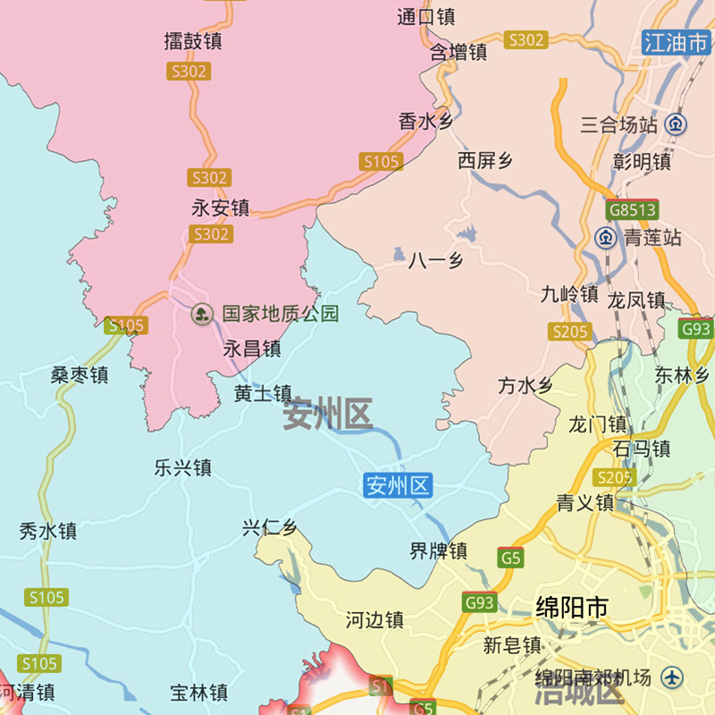 绵阳市地图90cm四川省新款行政信息交通路线颜色划分高清色彩图片