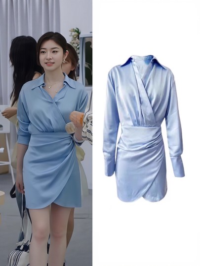 心动的信号徐如蓝同款蓝色衬衫裙女法式复古polo领褶皱收腰连衣裙