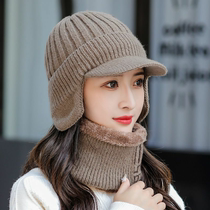 Cap Woman Big Code Cap New Winter Plus Fluff Wire Cap Outdoor Warm Temperament Cotton Cap Collar neck protective knitted hat