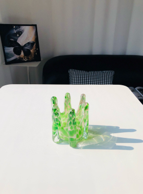 中古手工琉璃烛台复古皇冠造型侘寂风深色系艺术感软装台面摆件