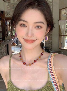 彩色多巴胺串珠编织花朵项链度假