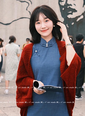 红色针织旗袍披肩女外搭针织开衫