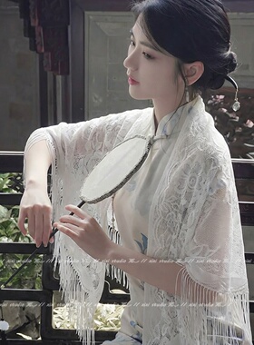 白色旗袍披肩女新中式外搭三角巾