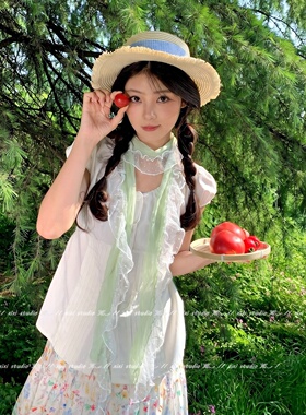 夏日薄款绿色蕾丝花边丝巾飘带女