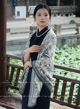 复古水墨色国风旗袍披肩外搭坎肩