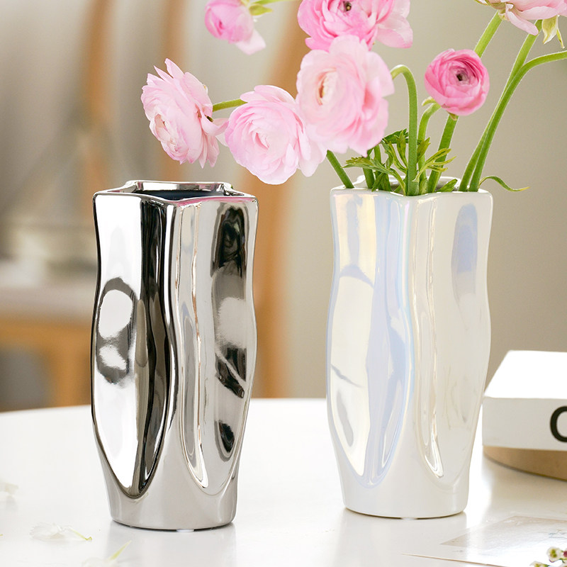 轻奢水培花瓶摆件陶瓷银色不规则艺术花器家居软装插花客厅高级感,淘宝优惠券,粉丝福利购,淘宝优惠卷