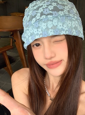 夏季薄款韩系蓝色蕾丝花朵包头帽女透气帽子小众复古显脸小套头帽