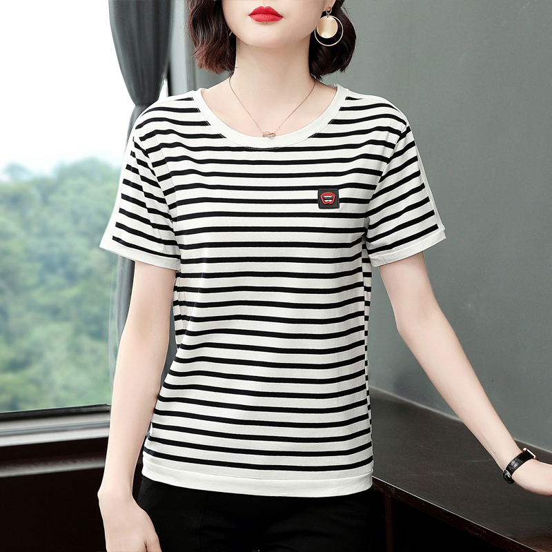 纯棉短袖宽松中年夏装大码条纹t恤 莎纤丽T恤