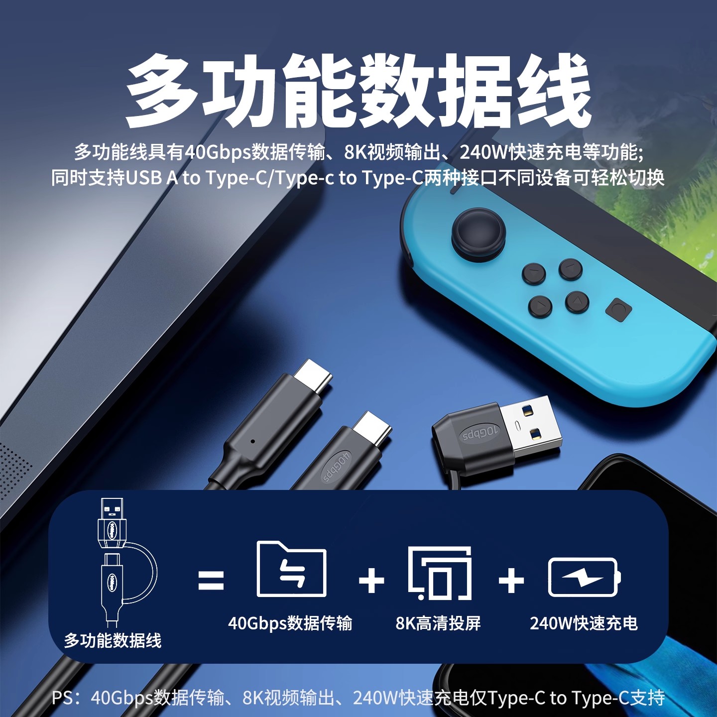 USB/typec二合一双头全功能数据线PD240W快充8k投屏40gbps公对公usb3.2Gen2兼容雷电3/4笔记本电脑连移动硬盘 - 图1