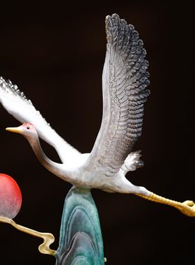 松鹤延年彩铜仙鹤摆件客厅装饰品送长辈老人生日礼物祝寿贺礼