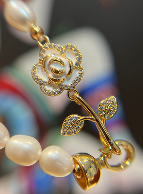 超越珠宝 白色茶花扣锁骨链 项链 天然淡水珍珠 优雅女神精品夏日