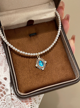 新款蓝色吊坠珍珠项链气质女