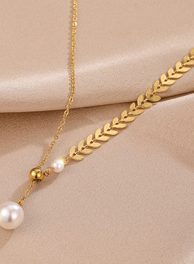 极速冷淡风麦穗珍珠项链女潮网红小众设计感简约气质锁V骨链2022