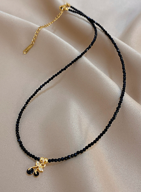 新款黑色串珠樱桃吊坠项链