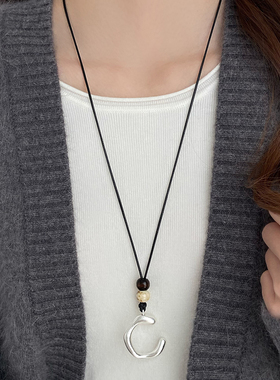 秋冬新款简约皮绳长款项链毛衣链