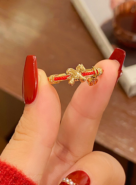 新款红色马上有钱铜钱戒指本命年