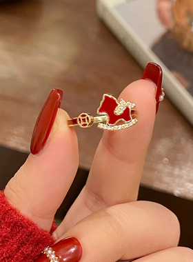 马年红色铜钱小马戒指开口戒指女