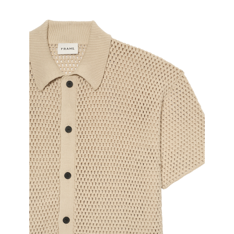FRAME男士浅卡其针织镂空短袖衬衫款纽扣上衣叠穿 - 图1