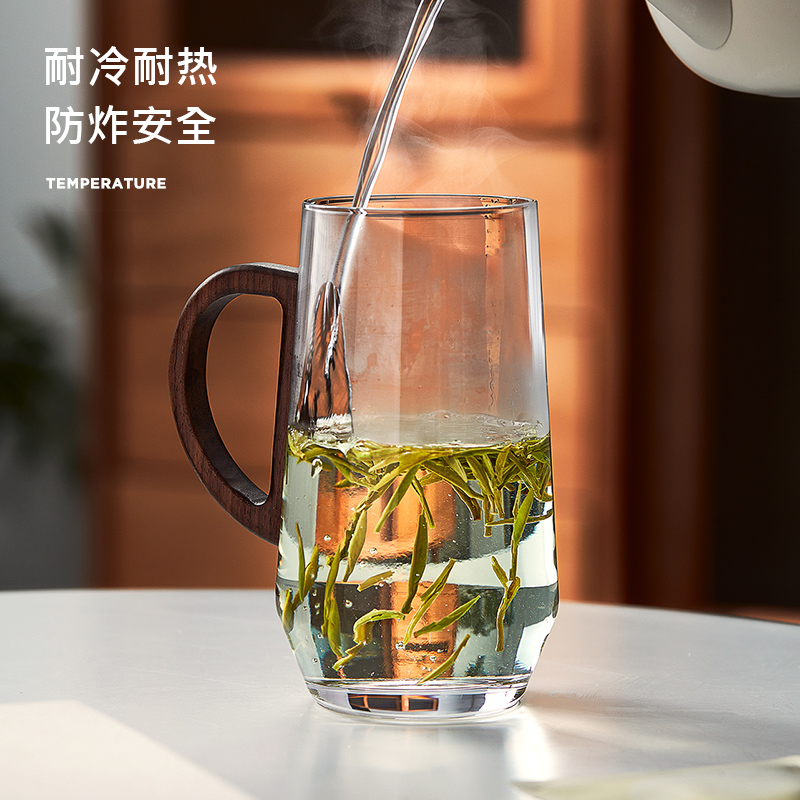 玻璃绿茶杯个人专用水杯高颜值胡桃木把花茶杯泡茶家用耐高温杯子