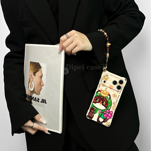 新年有财猫~17promax四角开孔手机壳带链条适用苹果iPhone16plus华为mate70pro斜挎60侧背Pura80手提14小米15 - 图0