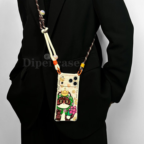 新年有财猫~17promax四角开孔手机壳带链条适用苹果iPhone16plus华为mate70pro斜挎60侧背Pura80手提14小米15 - 图3