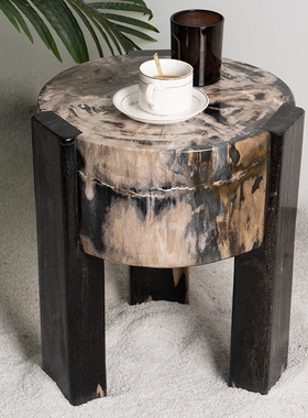 新中式风小圆几边桌石墩木化石