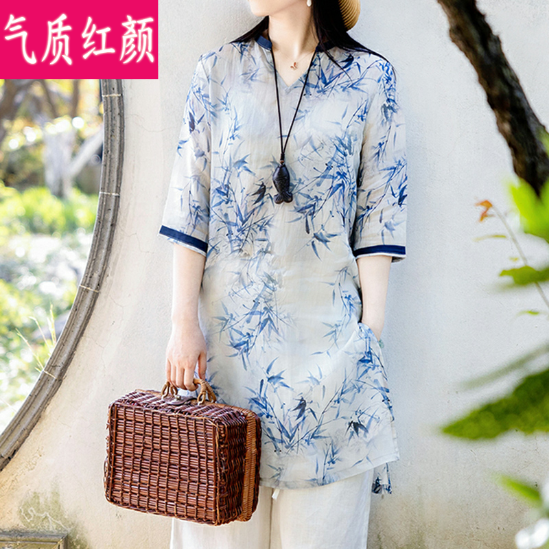 中国风夏装中长款苎麻女棉麻t恤 气质红颜上衣