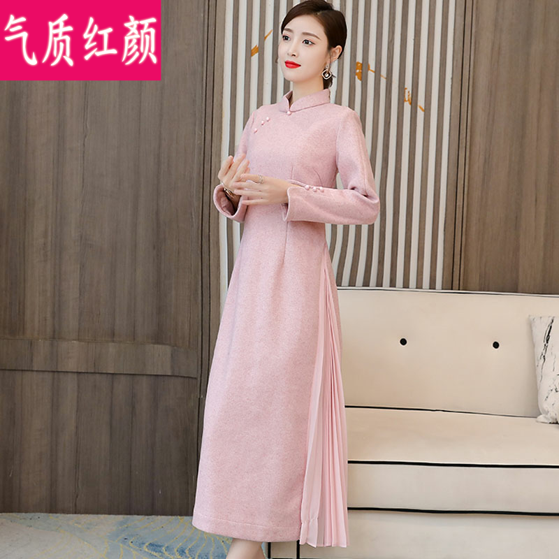 中国风汉服改良毛呢旗袍秋冬连衣裙 气质红颜连衣裙