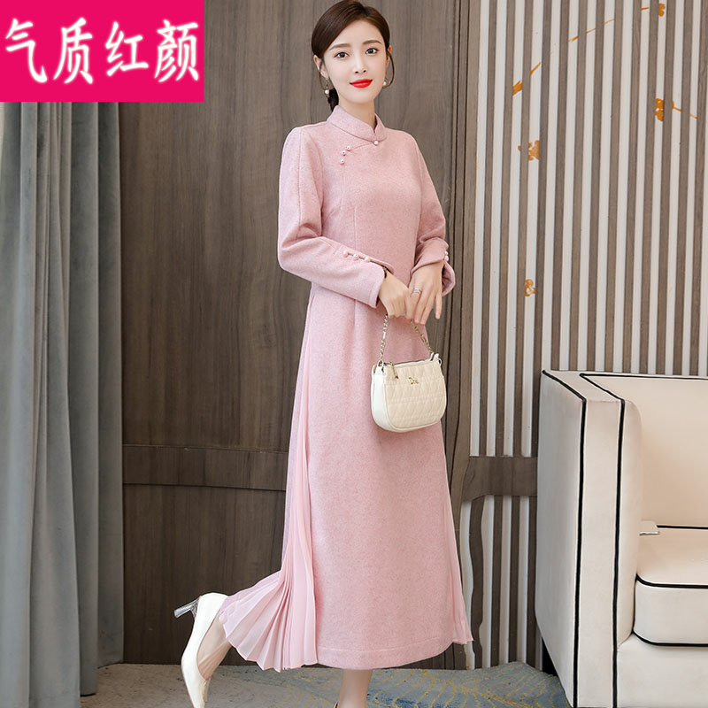 中国风汉服改良毛呢旗袍秋冬连衣裙 气质红颜连衣裙