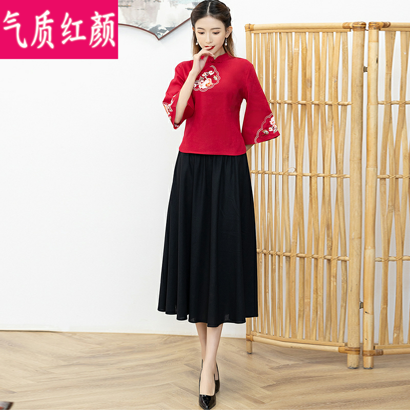 中国风汉服女春夏装棉麻绣花旗袍 气质红颜上衣
