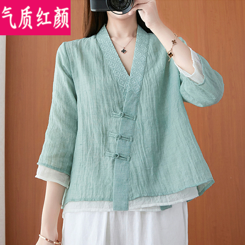 唐装女中国风复古棉麻禅意居士服 气质红颜上衣