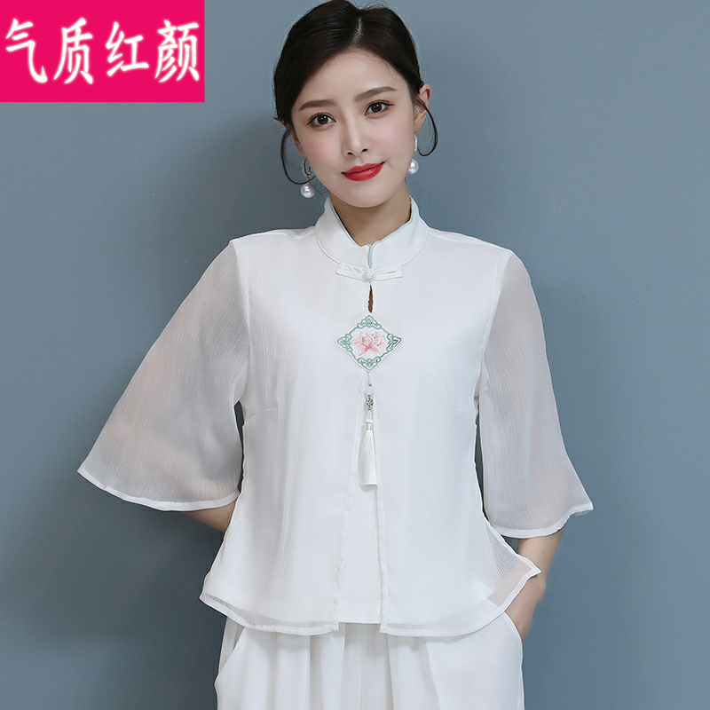 女夏装中国风茶艺师禅意茶服女汉服 气质红颜上衣