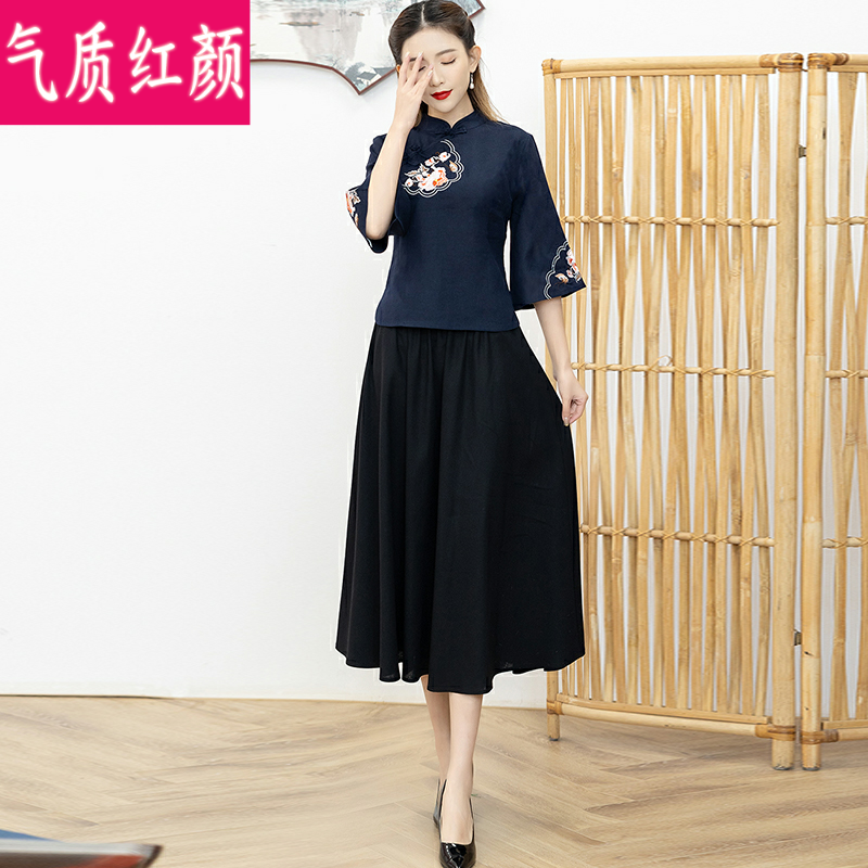 中国风汉服女春夏装棉麻绣花旗袍 气质红颜上衣