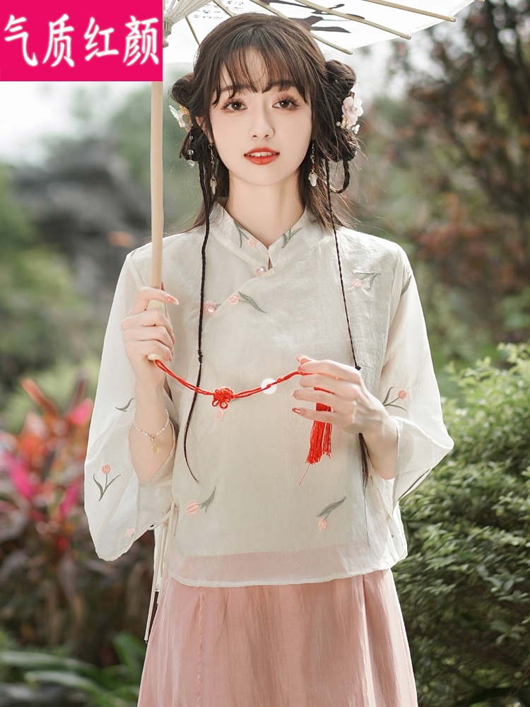 茶艺师服装中国风禅意女装夏季改良旗袍上衣中式茶服汉服唐装套装 - 图0