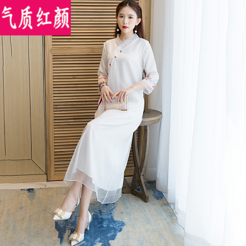 古风禅意茶艺服装改良唐装女连衣裙 气质红颜连衣裙