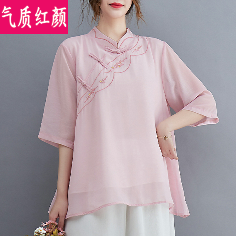 中国风夏装禅意茶禅服唐装套装汉服 气质红颜上衣