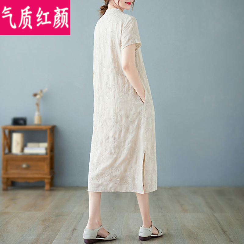 2022夏季新款中国风女装绣花茶服中长款禅意汉服改良版旗袍连衣裙 - 图3