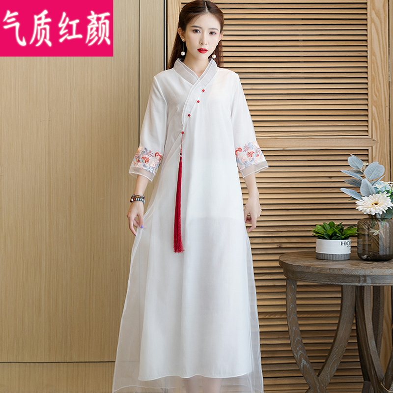 古风禅意茶艺服装改良唐装女连衣裙 气质红颜连衣裙