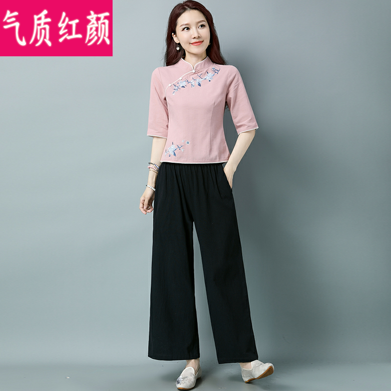 民国风复古唐装短款棉麻茶艺服汉服 气质红颜上衣
