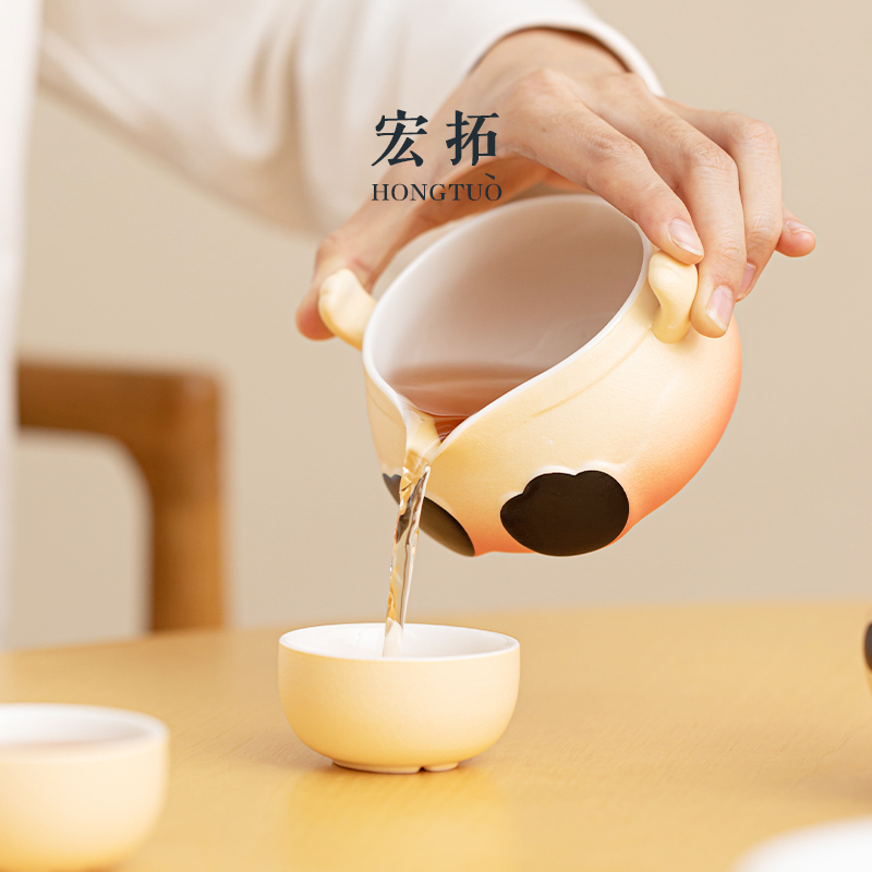 香香快客杯熊猫一壶两杯陶瓷便携旅行茶具户外泡茶壶出差旅游茶杯