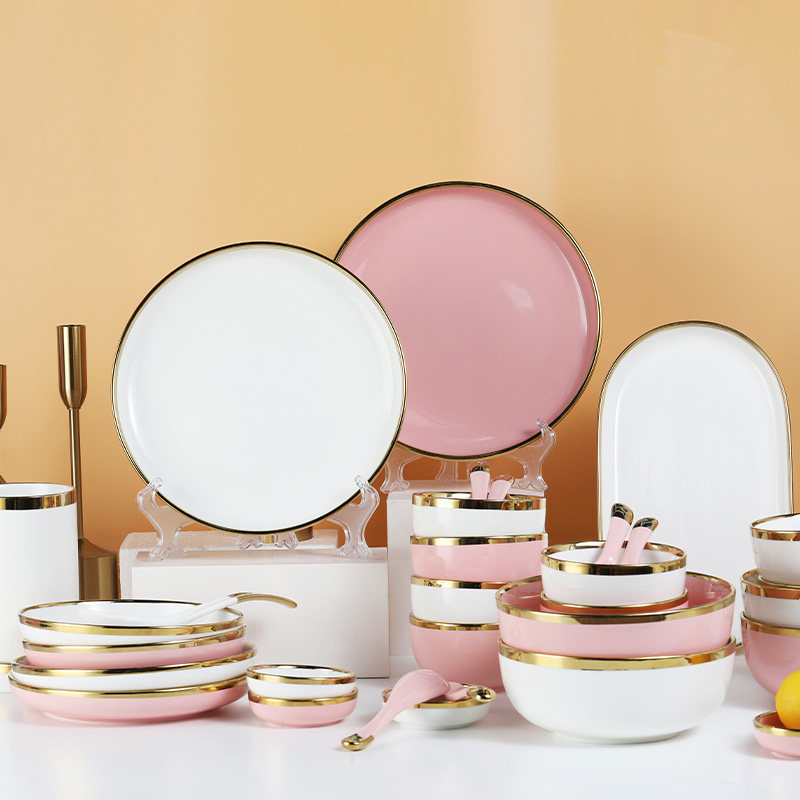 北欧碗盘套装家用碗盘网红盘子碗祖母绿金边陶瓷碗盘碟轻奢盘餐具,淘宝优惠券,粉丝福利购,淘宝优惠卷